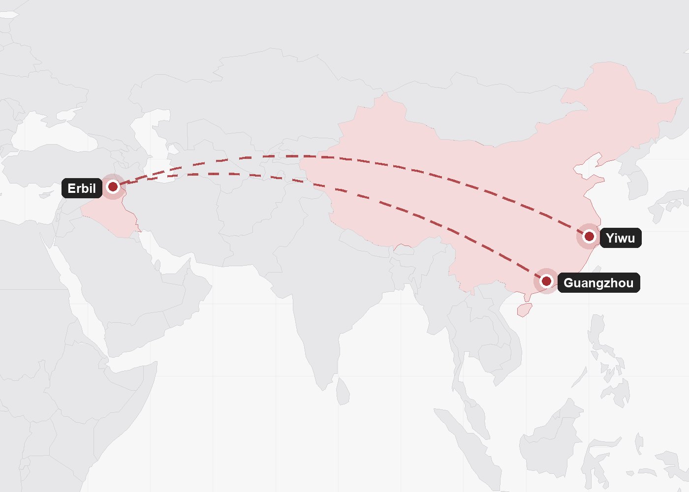 Trade routes from Yiwu and Guangzhou to Erbil